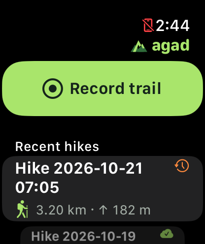 Agad on Apple Watch: Record trail and recent hikes
